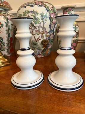 Dansk White Ceramic Candlesticks with Navy Trim - Pair